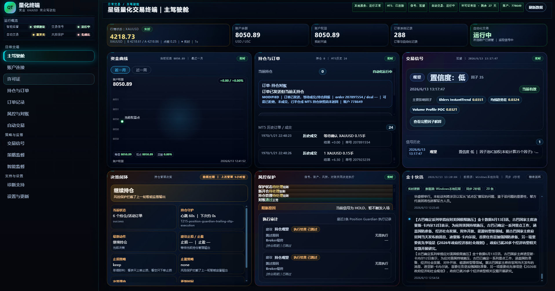 星链量化终端真实客户端截图，展示主驾驶舱、账户概览、资金曲线、持仓与订单、交易信号、决策闭环、风险保护和市场快讯